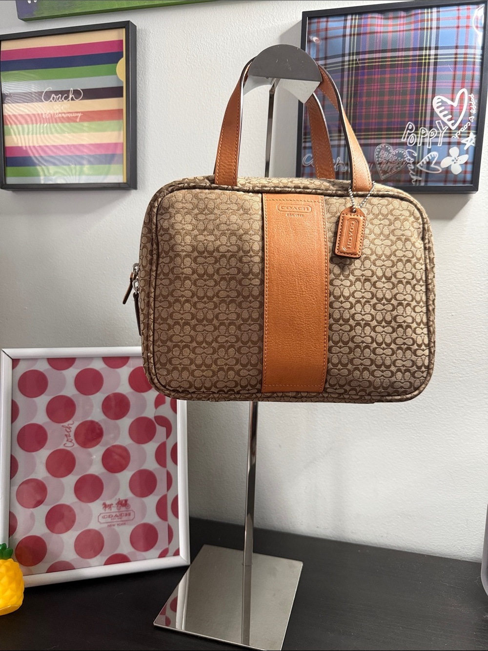 Coach Vintage Mini C’s Signature Canvas Cosmetic Case with Leather Trim